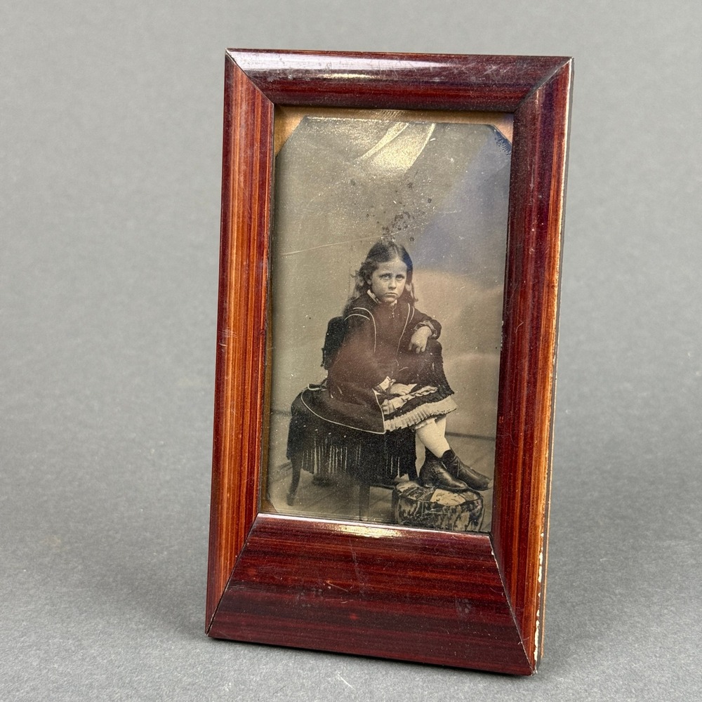 Antique Victorian Tintype Photo Girl in Fringed Chair Vintage Denmark Frame